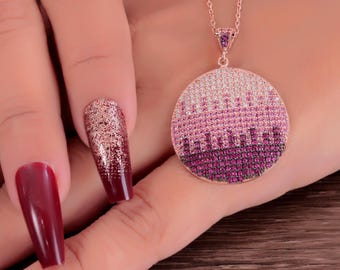 925 Silver Round Gradient Pendant Earring Set 20.9 Gram Purple Pink Sparkle Stones Jewelry