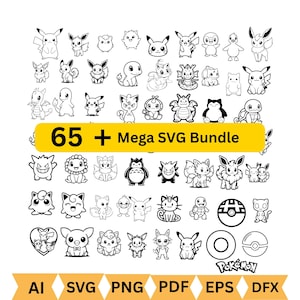 Pode incluir: Uma coleção de 65 desenhos de personagens de desenhos animados em preto e branco, incluindo Pikachu. A imagem inclui o texto "65 + Mega SVG Bundle" em um retângulo amarelo, além de ícones de tipo de arquivo.