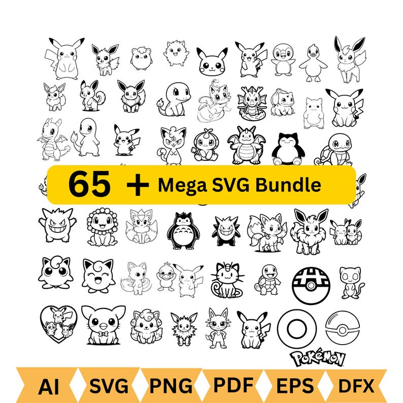 May include: A collection of 65 black and white cartoon character designs, including Pikachu and other popular characters. The image includes the text "65 + Mega SVG Bundle" in a yellow rectangle, along with file type icons.