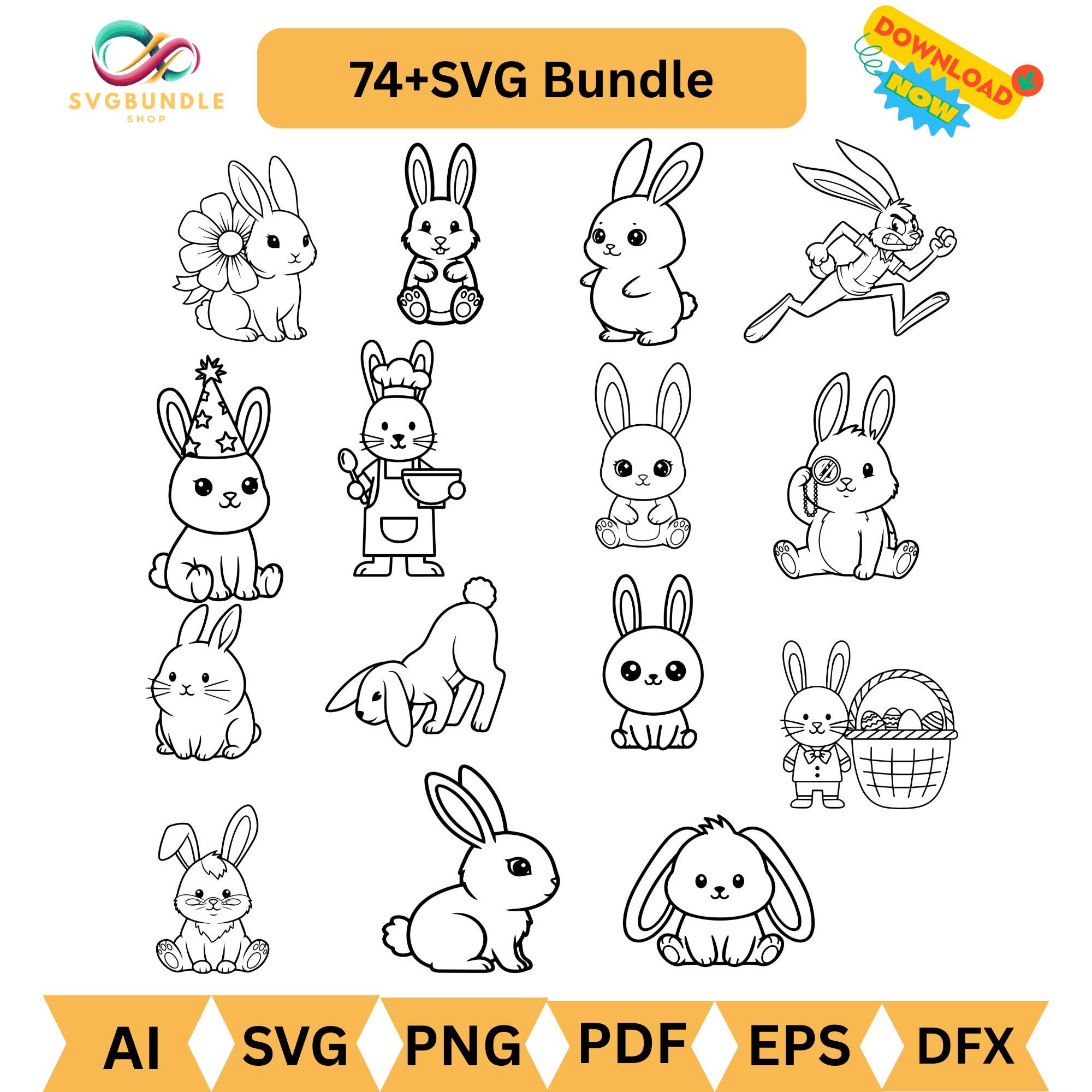 Cute Bunny SVG Bundle | Easter Bunny SVG, Rabbit Clipart, Kawaii Bunny ...