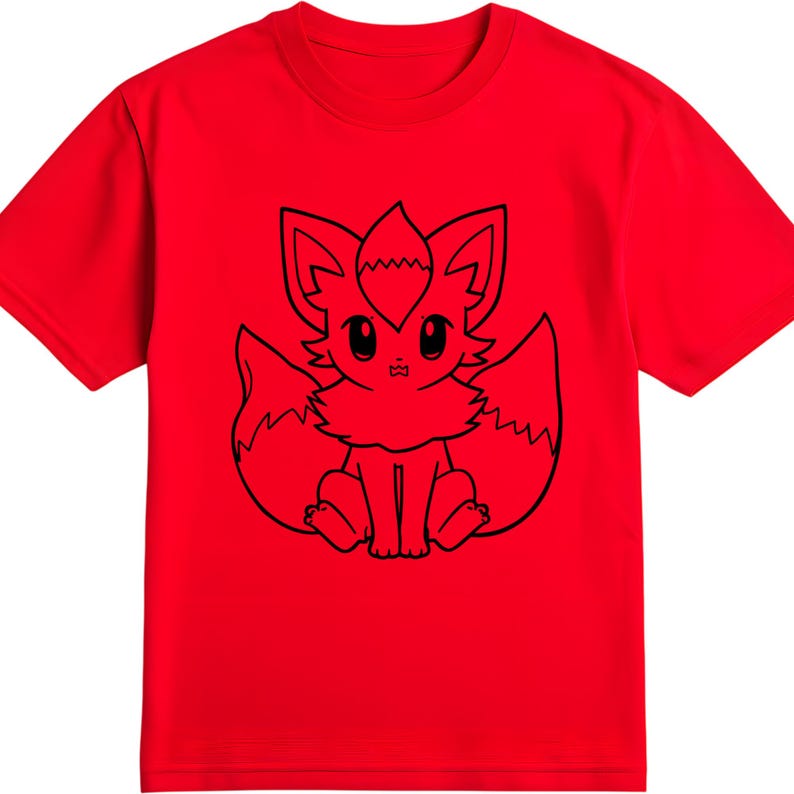 May include: A bright red t-shirt featuring a black outline illustration of a cartoon fox-like creature. The design includes large eyes, a fluffy tail, and pointed ears. The shirt is made of a soft material.