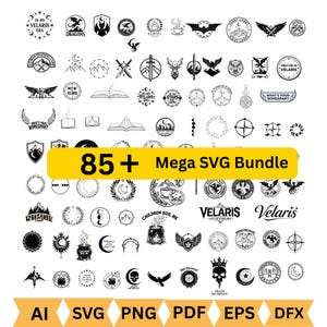 May include: A collection of over 85 black and white SVG designs, including dragons, wings, and celestial motifs. The designs are arranged around a yellow banner that reads "85+ Mega SVG Bundle". Below the designs are file type labels: AI, SVG, PNG, PDF, EPS, and DFX.