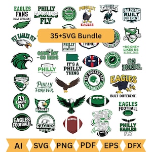 May include: A collection of Philadelphia Eagles-themed graphics, including logos, text, and football illustrations. The designs feature the team's colors, green, white, and black, with phrases like "Eagles Fly" and "Philly Football". The bundle includes various file formats.