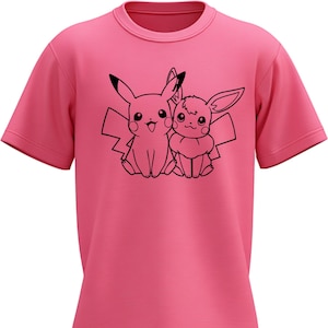 May include: A bright pink short-sleeved t-shirt featuring a black line art graphic of the characters Pikachu and Eevee sitting side-by-side on the chest. The shirt has a classic crew neckline and a simple, straight-cut hem design.