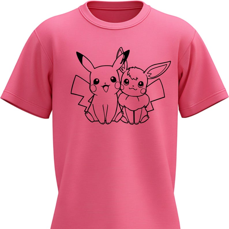 May include: A bright pink short-sleeved t-shirt featuring a black line art graphic of the characters Pikachu and Eevee sitting side-by-side on the chest. The shirt has a classic crew neckline and a simple, straight-cut hem design.