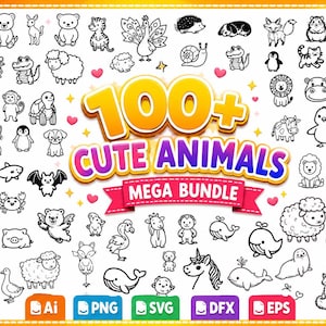 May include: A collection of over 100 cute animal designs in black and white. The image features various animals like giraffes, owls, bears, and whales. Text reads "100+ Cute Animals Mega Bundle" with file type icons.