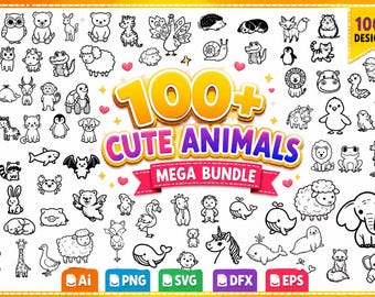 May include: A collection of over 100 cute animal designs in black and white. The image features various animals like giraffes, owls, bears, and whales. Text reads "100+ Cute Animals Mega Bundle" with file type icons.