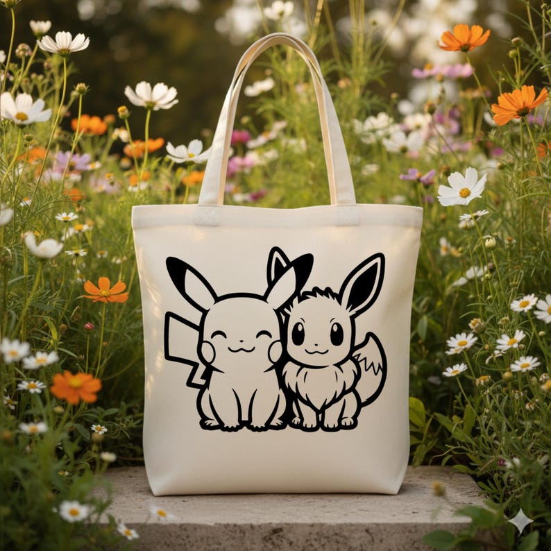 May include: Cream-colored tote bag featuring a black graphic of Pikachu and Eevee. The bag has two handles and is set against a backdrop of colorful flowers. The design is simple and bold, perfect for carrying everyday items.