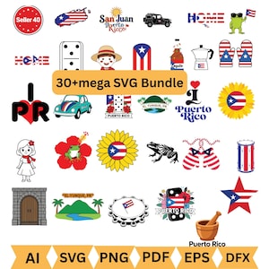 May include: A collection of Puerto Rican themed SVG graphics. The image includes illustrations of the Puerto Rican flag, a map of Puerto Rico, a frog, a vintage car, a sunflower, and the text "Puerto Rico".