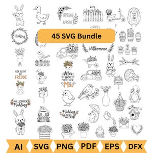Puede incluir: Un conjunto de 45 diseños SVG con temática de primavera en blanco y negro. Las ilustraciones incluyen conejos, patos, flores y texto como "Spring" y "Welcome". Adecuado para proyectos de manualidades.