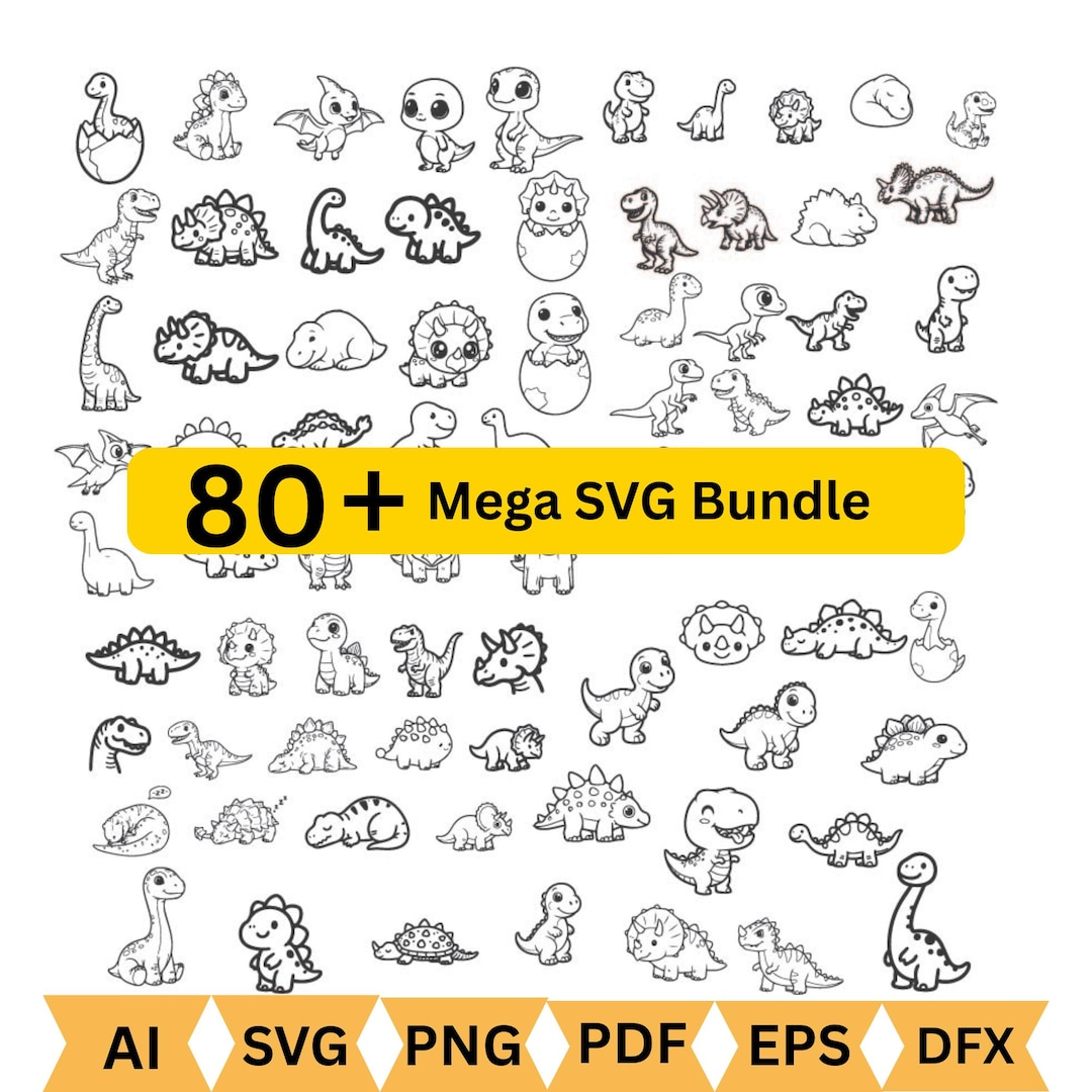 Mega Cute Dinosaur Svg Bundle, Baby Dino Svg, Kawaii Dinosaur Clipart ...