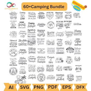 Puede incluir: Una colección digital de más de 60 diseños gráficos en blanco y negro con temática de camping, que incluye ilustraciones de caravanas, furgonetas, montañas y bosques, junto con varias frases en inglés y alemán sobre viajes al aire libre.