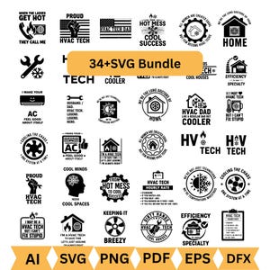 Peut inclure: Ensemble de graphiques SVG sur le thème du CVC, avec divers motifs et textes tels que "HVAC Tech", "Cool Houses" et "Home". Les motifs comprennent des icônes, des logos et des phrases liées au chauffage, à la ventilation et à la climatisation.
