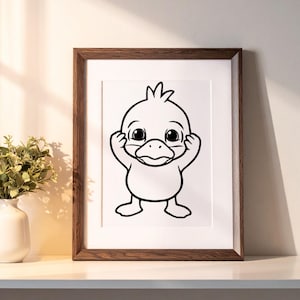 May include: A framed black and white illustration of a cartoon duckling. The duckling has large eyes and is holding its hands up near its head. The frame is a dark brown color and the artwork is displayed on a white background.