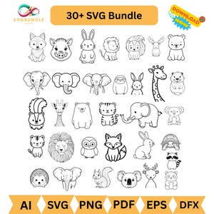 May include: A collection of black and white animal illustrations, including a fox, rabbit, lion, elephant, and bear. The image includes the text "30+ SVG Bundle" and file type icons.