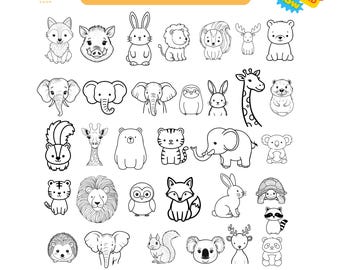 May include: A collection of black and white animal illustrations, including a fox, rabbit, lion, elephant, and bear. The image includes the text "30+ SVG Bundle" and file type icons.