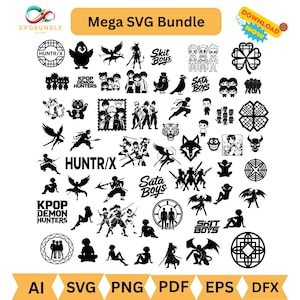Mega Kpop Demon Hunter SVG PNG Bundle, Huntrix & Saja Boy Svg, Demon Hunters Inspired Kpop Cut Files, Cat and Bird Png