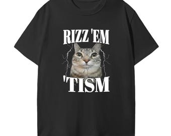 面白い自閉症猫のTシャツ、自閉症のRizz Em With The Tism、ヴィンテージの海賊版Tシャツ、呪われた猫のミーム、Z世代のジョークTシャツ、バカな脳腐れギフト