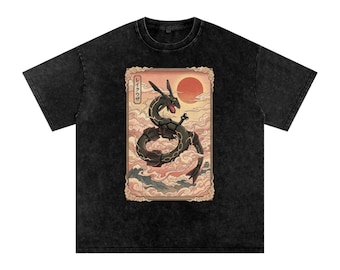 レックウザシャツ　日本の伝統芸術、神秘的な天空のドラゴンの美学、ヴィンテージグラフィックTシャツ、ゲーマーの彼氏へのギフト