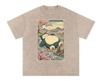 カビゴンシャツ、心地よい眠りを誘うアニメアート、和風、桜の川のデザイン、ゲーマーへの彼への贈り物、自然美学