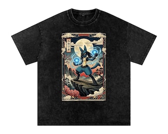 ルカリオシャツ、アニメ好きへのギフト、日本の美的グラフィックTシャツ、メンズ＆レディースゲーミングアパレル、忍者スタイルトップス、オーラスフィア