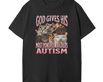 面白い自閉症猫のTシャツ、神は最強の兵士を与える、ヴィンテージの海賊版Tシャツ、呪われた猫のミーム、Z世代のジョークTシャツ、バカな脳腐れギフト