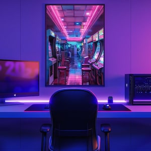 May include: A framed print of a neon-lit arcade hallway with retro gaming machines. The image is dominated by pink and purple hues, with a computer setup in the foreground, including a monitor, keyboard, and gaming chair.