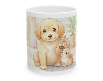 Niedliche Tasse mit Welpen- und Hasenmotiv | Bezaubernde Keramiktasse mit Hund und Kaninchen