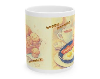 Gemütliche Frühstückstasse mit Illustration | Doppelseitiges Motiv: Bäckerei & Sandwich | Keramiktasse für Kaffee und Tee
