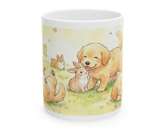 Tasse mit verspielter Welpen- und Hasenillustration | Keramik-Kaffeebecher