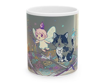 Zauberbecher mit Fee und Katze | Keramik-Kaffeetasse, 325 ml oder 440 ml