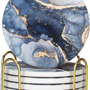 Navy Blue Marble Ceramic Coasters Set with Gold Holder (Set of 6)