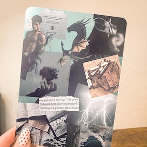 May include: A fantasy-themed print featuring a collage of images, including a dragon, a muscular figure, and text that reads "CHAPTER ONE." The print has a mix of black, white, and teal elements, with a vintage aesthetic.