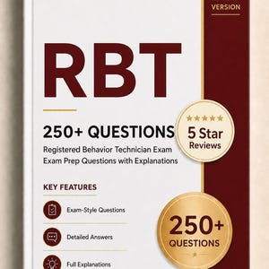 Puede incluir: Una portada de libro blanca con el título "RBT" en letras grandes de color marrón. El libro está etiquetado como "Versión 2026" e incluye "250+ PREGUNTAS" y "5 estrellas". Las características clave incluyen preguntas tipo examen, respuestas detalladas y explicaciones completas.