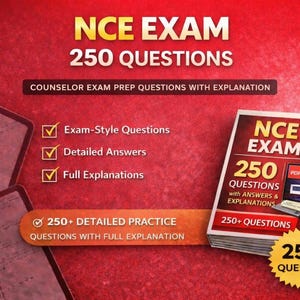 May include: Image of a book titled "NCE EXAM 250 QUESTIONS" with the text "COUNSELOR EXAM PREP QUESTIONS WITH EXPLANATION." The image also includes checkmarks next to "Exam-Style Questions," "Detailed Answers," and "Full Explanations."