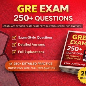 Op de afbeelding: Een rood en geel GRE-examenvoorbereidingsboek met de tekst "GRE EXAM 250+ QUESTIONS" en "250+ QUESTIONS with ANSWERS & EXPLANATIONS". De afbeelding bevat ook een lijst met functies en een banner met de tekst "250+ DETAILED PRACTICE QUESTIONS WITH FULL EXPLANATION".