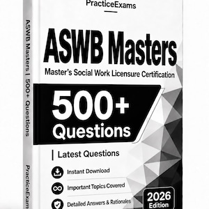 Puede incluir: Un libro blanco titulado ASWB Masters Master's Social Work Licensure Certification 500+ Questions 2026 Edition. La portada presenta texto negro, un patrón geométrico e iconos para descarga instantánea, temas y respuestas.