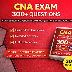 Può includere: Immagine promozionale per un esame CNA. La copertina del libro recita "CNA Certified Nursing Assistant Exam" con "300+ Questions". Il testo aggiuntivo include "Exam-Style Questions", "Detailed Answers" e "Full Explanations".