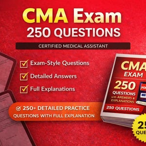 Può includere: Grafica rossa e oro che promuove un esame CMA con il testo "CMA Exam 250 QUESTIONS CERTIFIED MEDICAL ASSISTANT". L'immagine include una pila di libri e una stella gialla con "250+ QUESTIONS."