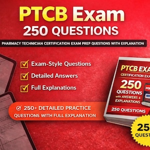 Puede incluir: Gráfico promocional para el examen PTCB, con una pila de libros con el título "PTCB Exam" y "250 QUESTIONS". La imagen destaca "Exam-Style Questions", "Detailed Answers" y "Full Explanations" sobre un fondo rojo.
