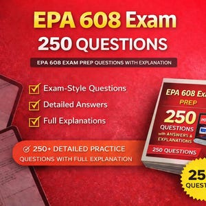 May include: Image of a study guide for the EPA 608 exam. The cover of the book reads "EPA 608 Exam Prep 250 Questions". The background is red with text that reads "Exam-Style Questions", "Detailed Answers", and "Full Explanations".