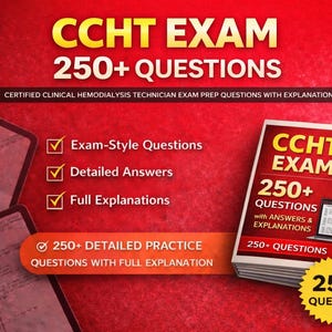 Puede incluir: Una pila de libros de preparación para el examen CCHT con el título "CCHT EXAM 250+ QUESTIONS" sobre un fondo rojo. La portada del libro presenta el título del examen y el número de preguntas. El texto adicional incluye "Exam-Style Questions", "Detailed Answers" y "Full Explanations".