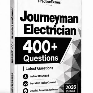 Puede incluir: Un libro blanco titulado Journeyman Electrician 400+ Questions 2026 Edition con texto negro y patrones geométricos. La portada presenta iconos para descarga instantánea, temas importantes y respuestas detalladas con sus fundamentos.