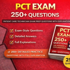 Può includere: Una pila di libri intitolata "PCT EXAM 250+ QUESTIONS" con una copertina rossa e testo bianco. L'immagine include anche il testo "Patient Care Technician Exam Prep Questions with Explanation" e segni di spunta accanto ai punti elenco.