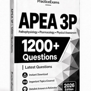 May include: A white book titled APEA 3P with black text featuring Pathophysiology, Pharmacology, and Physical Assessment. The cover displays 1200+ Questions, Latest Questions, Instant Download, Important Topics Covered, and Detailed Answers & Rationales, with a 2026 Edition badge.