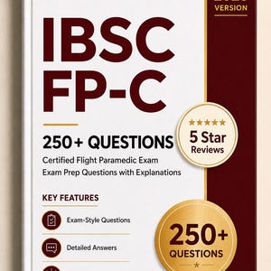 以下が含まれることがあります： IBSC FP-C認定フライト救急救命士試験対策本の表紙。表紙は白で、マルーンのアクセントとテキストが入っています。「250+ QUESTIONS」と「VERSION 2026」の文字が特徴です。