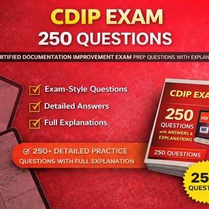 May include: A stack of books titled "CDIP EXAM 250 QUESTIONS" with a red and white cover. The image also includes a yellow starburst graphic with the text "250+ QUESTIONS" and a list of features: Exam-Style Questions, Detailed Answers, and Full Explanations.