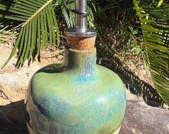 Handmade Ceramic Oil Pourer – Green Stoneware Bottle with Spout – Small Kitchen Oil Dispenser