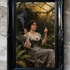 Op de afbeelding: Zwart omlijst kunstwerk met een vrouw in een grijze jurk, die een sigaret rookt en een obscene gebaar maakt. De zwarte lijst heeft sierlijke details. De achtergrond toont een kas en weelderig groen.