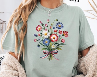 T-shirt bouquet de fleurs sauvages patriotique Comfort Colors®, chemise à fleurs 4 juillet, t-shirt patriotique de fleurs, chemise à manches longues, t-shirt pour jeunes